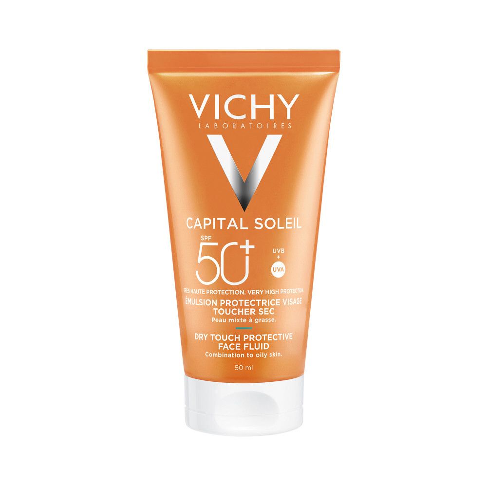 Tube orange avec bouchon blanc. Logo Vichy et informations produit. SPF 50.