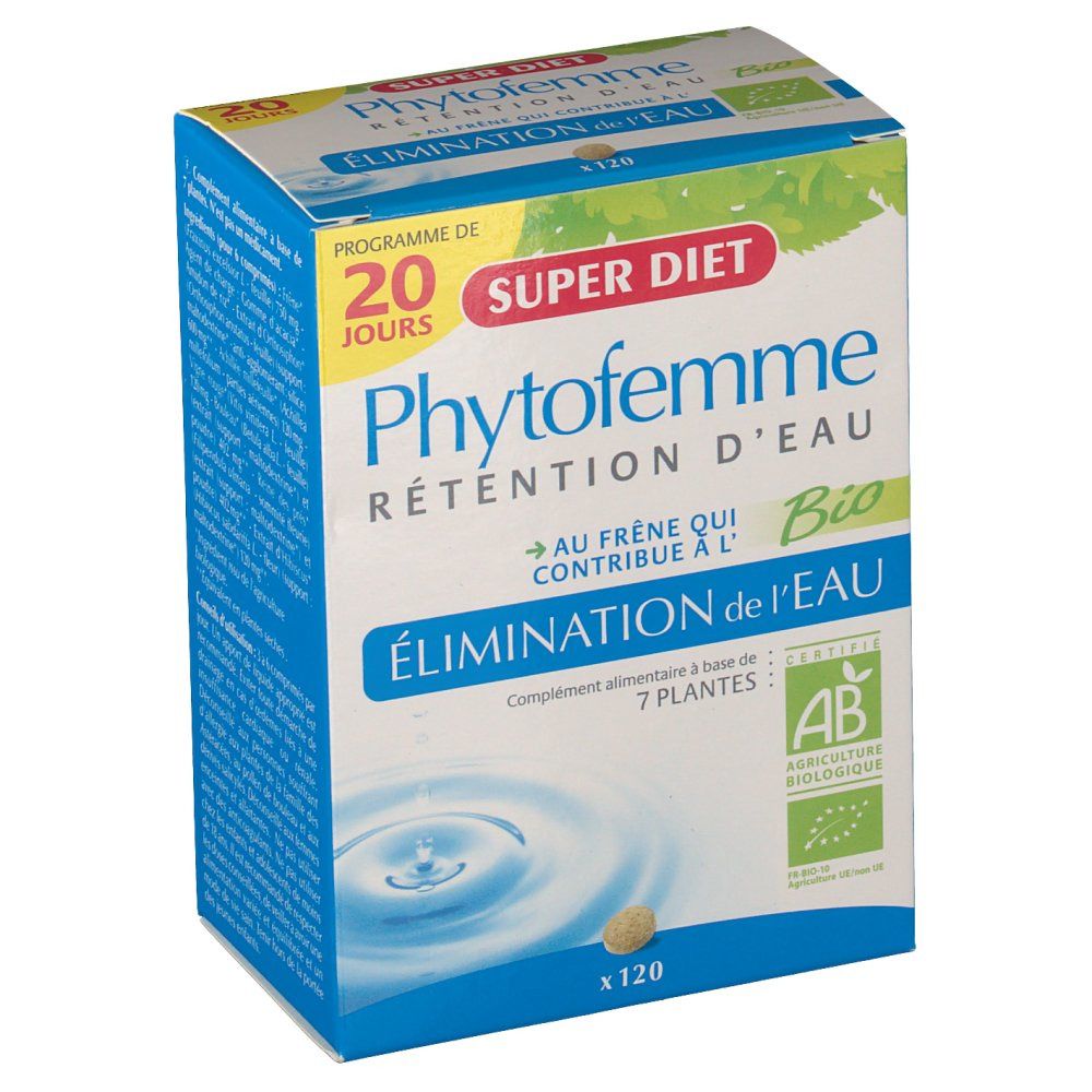 Boîte de produit. Inscription: Phytofemme, Rétention d'eau, label Bio, 120 comprimés. Logo Super Diet et certification AB.