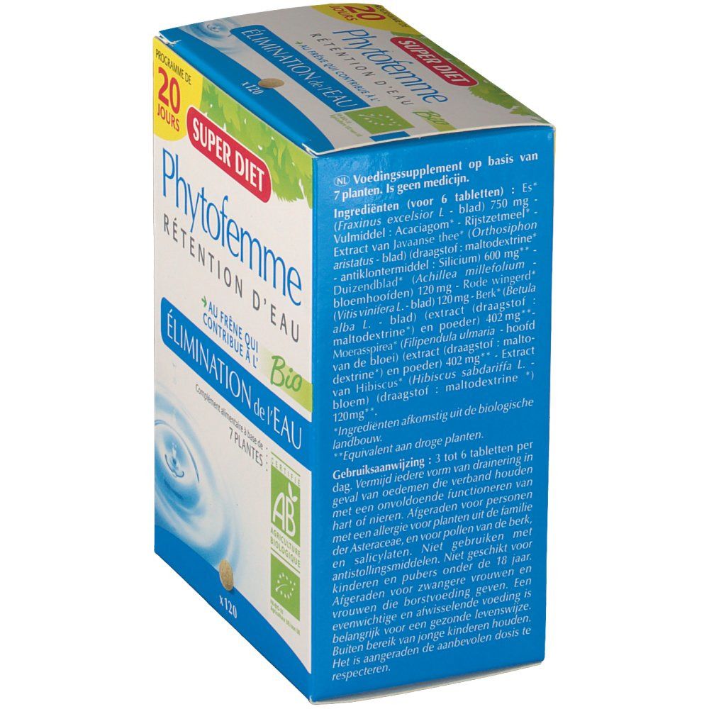 Vue latérale de la boîte. Inscription: Phytofemme, Rétention d'eau, label Bio. Ingrédients et instructions d'utilisation.