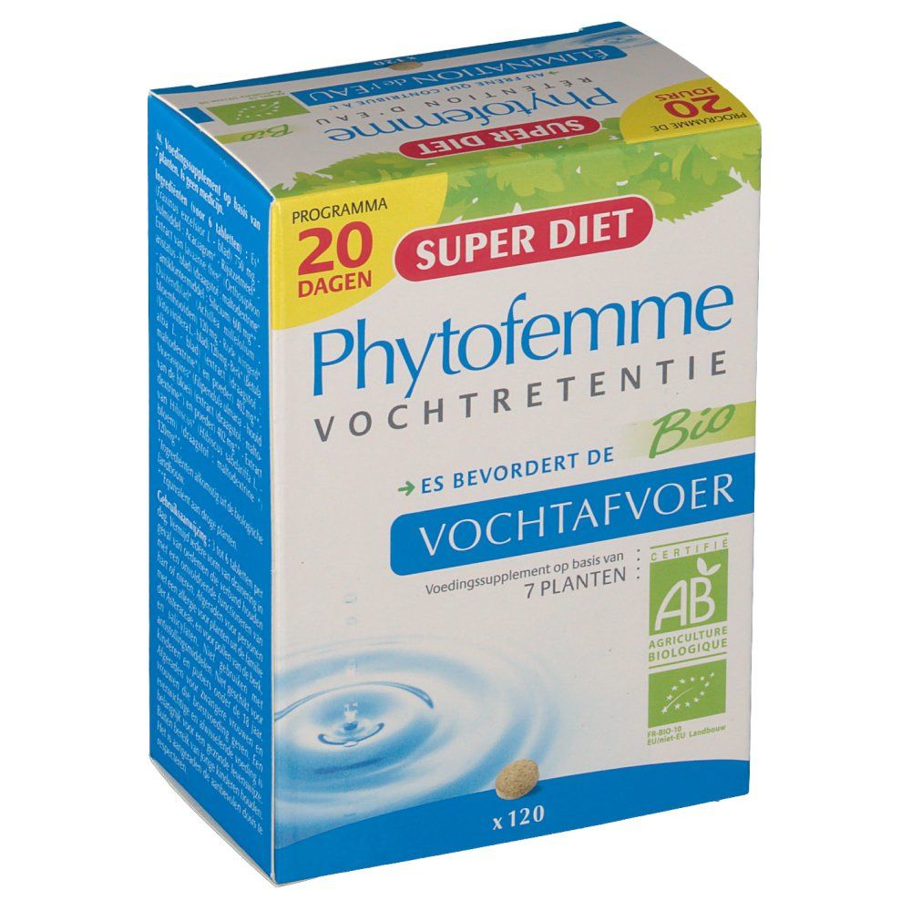 Boîte de produit. Inscription: Phytofemme, Vochtretentie, label Bio, 120 comprimés. Logo Super Diet et certification AB.