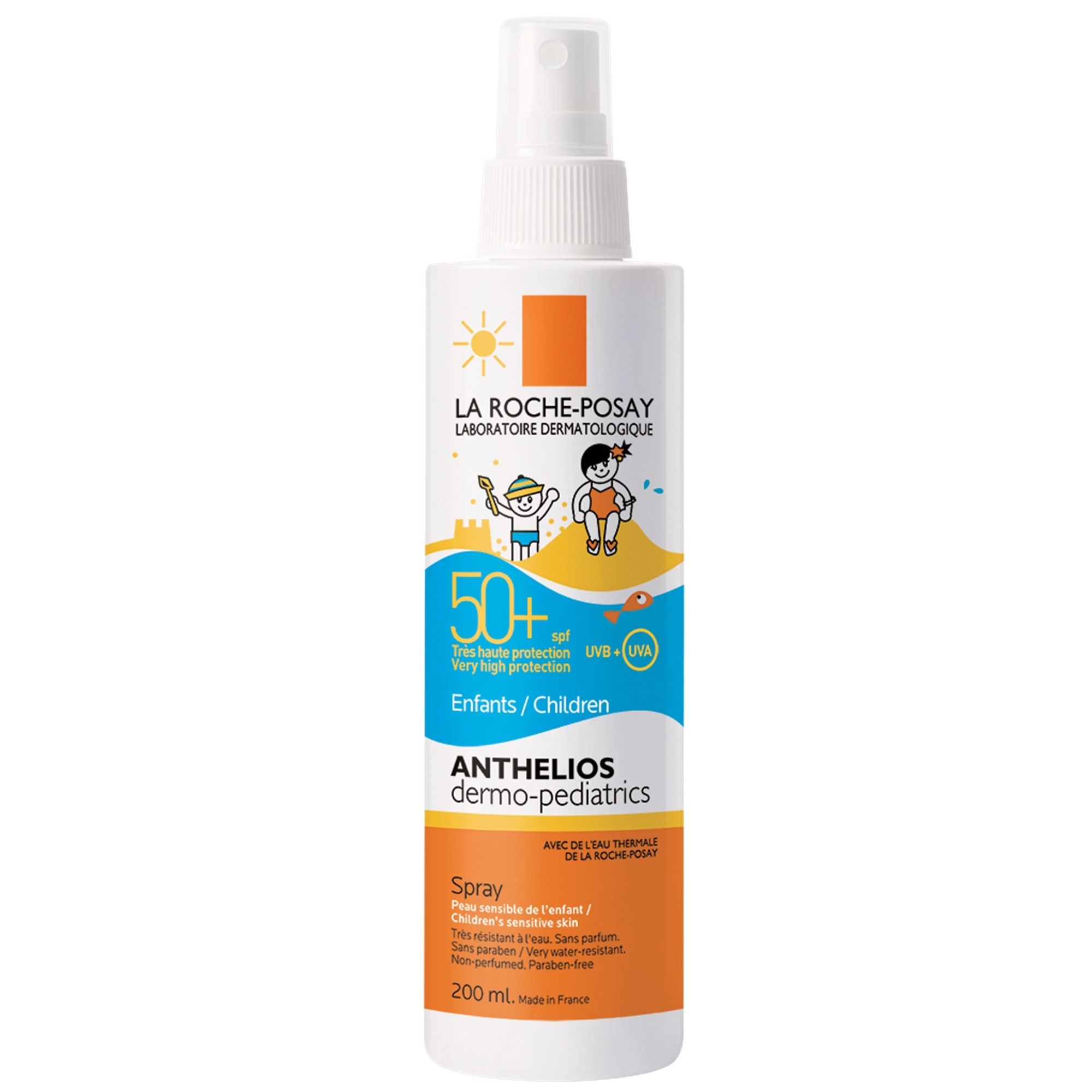 Spray blanc Anthelios Dermo-Kids de La Roche-Posay. SPF 50+ avec illustrations d'enfants à la plage. 200 ml.