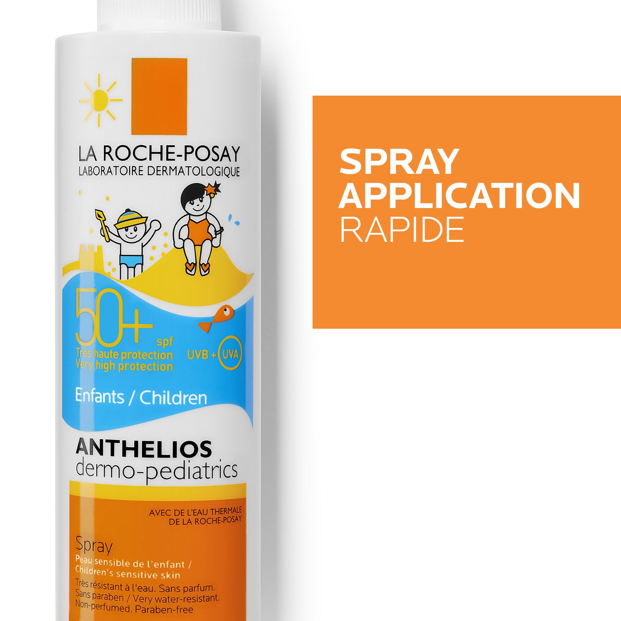 Gros plan du spray La Roche-Posay Anthelios Dermo-Kids. SPF 50+ et texte : Enfants/Children. Zone orange avec texte.