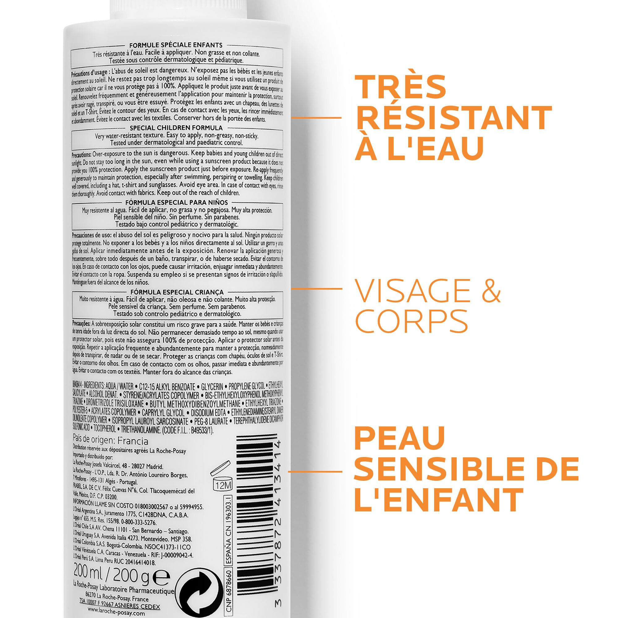 Dos du spray La Roche-Posay Anthelios Dermo-Kids. Texte multilingue. 200 ml. Très résistant à l'eau.
