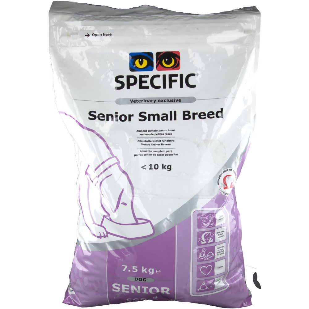 Sac de nourriture pour chiens. Inscription: Specific Senior Small Breed. Poids: 7,5 kg. Pour chiens de moins de 10 kg.