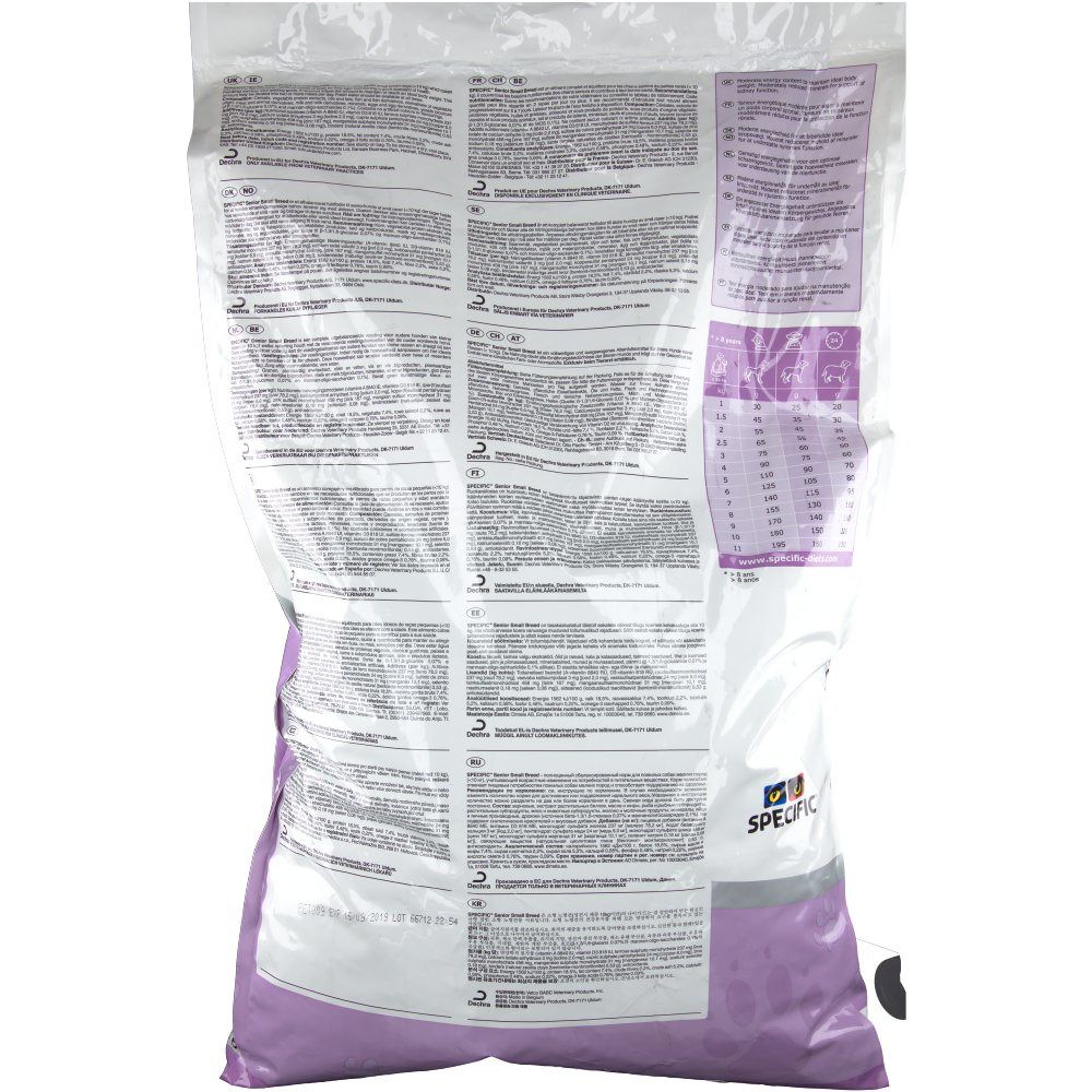 Dos d'un sac de nourriture pour chiens. Texte en plusieurs langues. Marque: Specific.