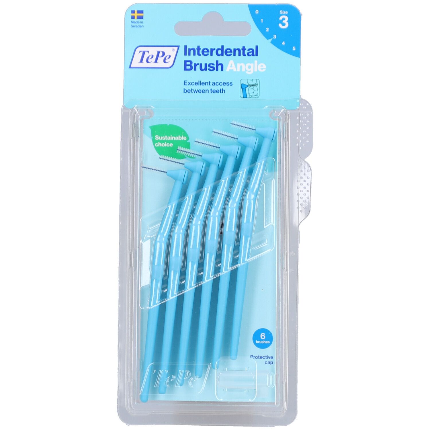 Paquet de 6 brossettes interdentaires bleues. Marque TePe, taille 3, 0,6 mm. Choix durable. Emballage plastique.