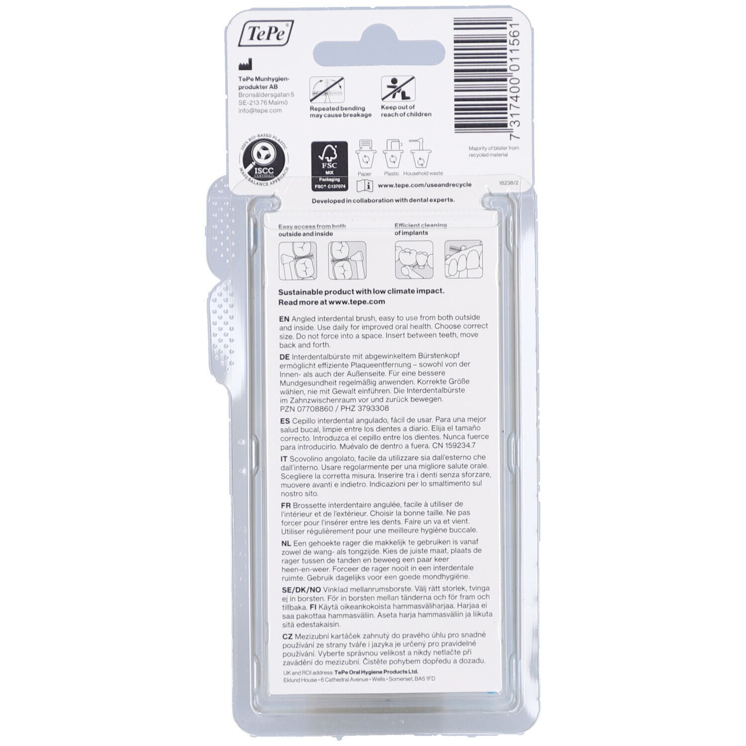 Dos de l'emballage avec informations produit. Texte multilingue. Produit durable à faible impact climatique.