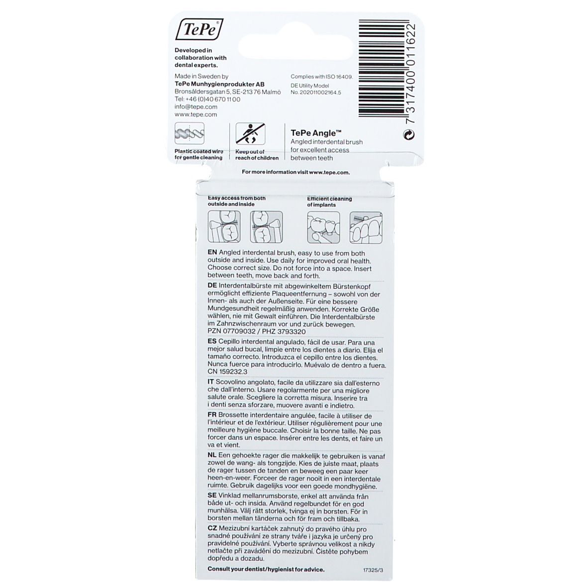 Dos de l'emballage avec informations. Texte en plusieurs langues, dont l'allemand, l'anglais et le français.