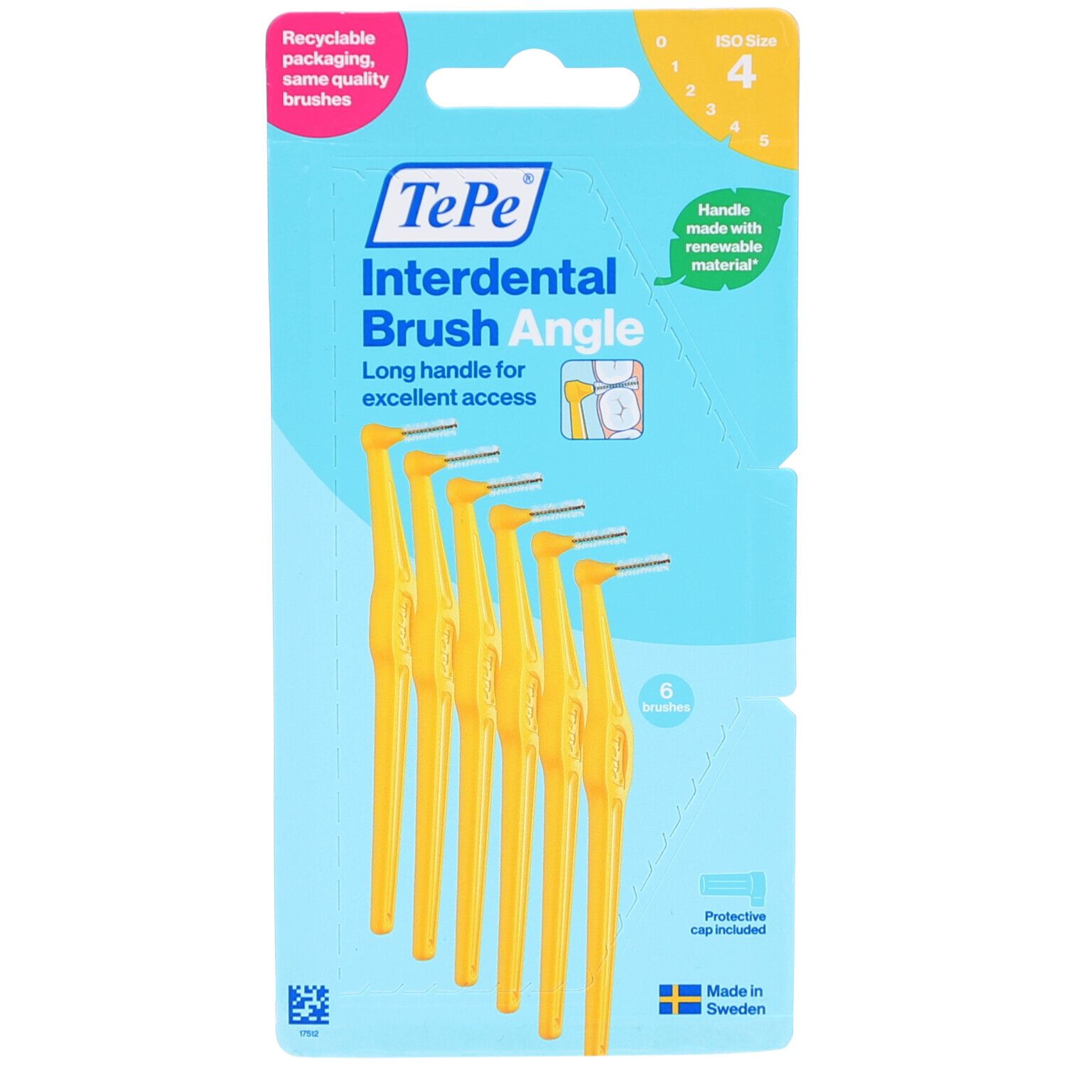 Paquet de brosses interdentaires jaunes, taille 4, coudées. 6 pièces. Marque TePe. Choix durable.