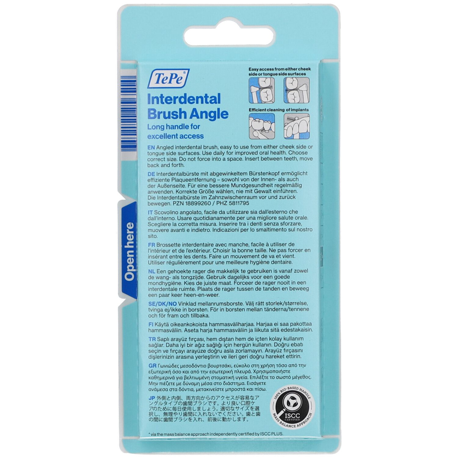 Dos de l'emballage avec informations produit. Texte multilingue. Marque TePe. Certification FSC.