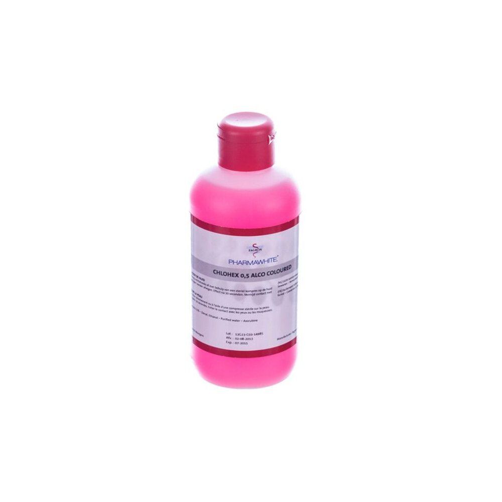 Fagron Pharmawhite Chlohex 0,5% Solution désinfectante alcoolique dans une bouteille rose avec un bouchon rouge.