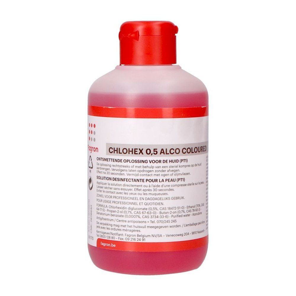 Fagron Pharmawhite Chlohex 0,5% Solution désinfectante alcoolique dans une bouteille rose avec un bouchon rouge.