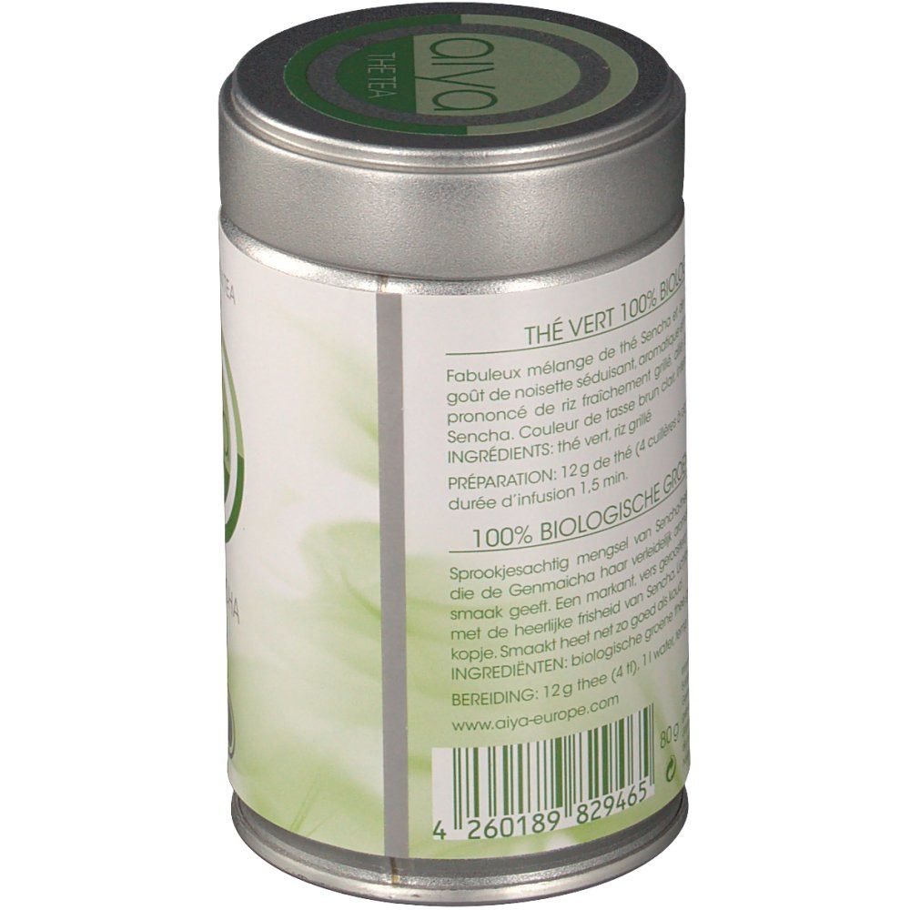 Boîte cylindrique, vue latérale. Texte : Thé Vert 100% Biologique, ingrédients, préparation. Label bio et code-barres.