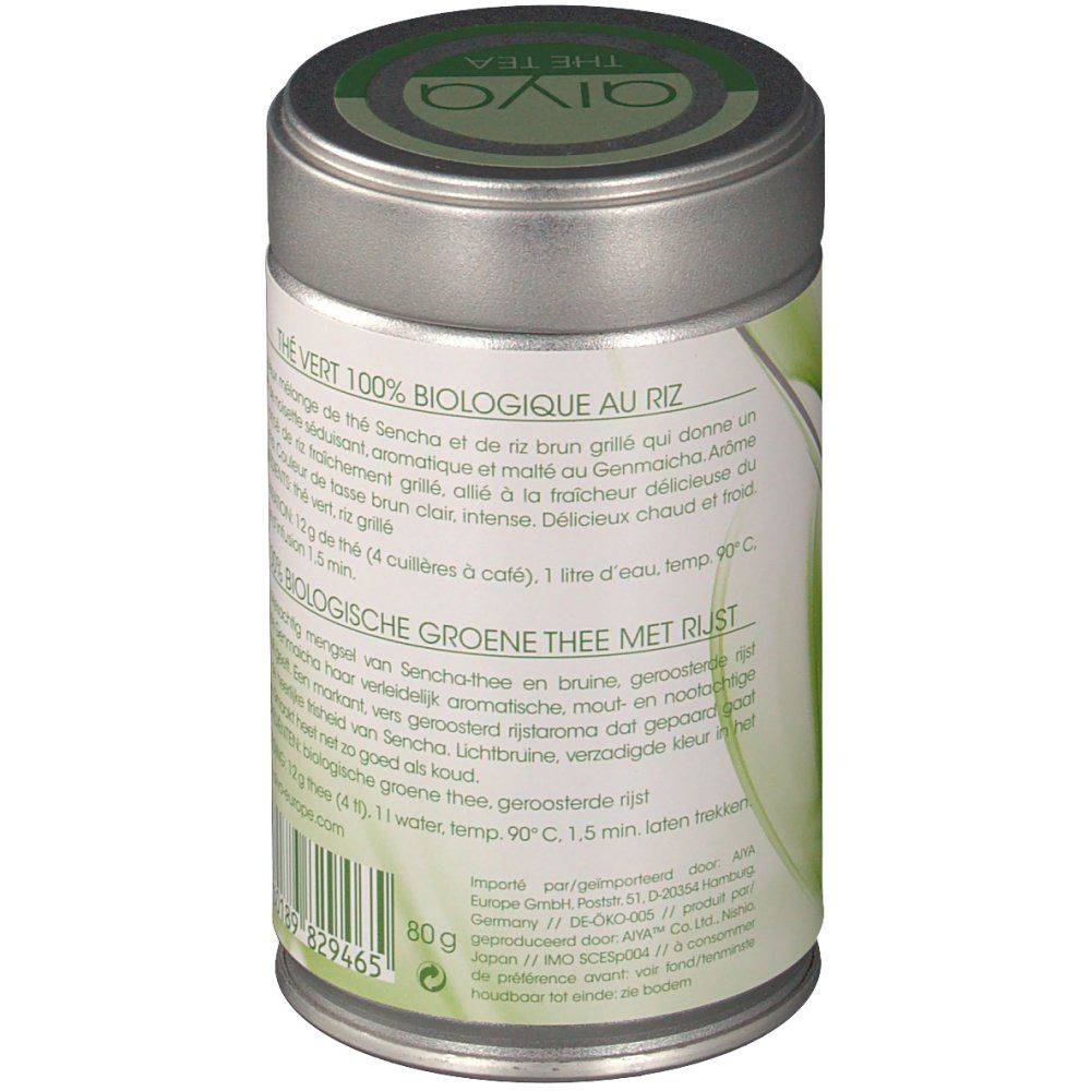 Boîte cylindrique, vue latérale. Texte : Thé Vert 100% Biologique au Riz, ingrédients, préparation. Label bio.