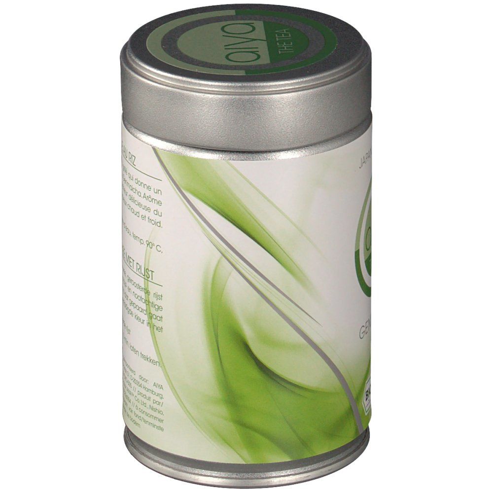 Boîte cylindrique, vue latérale. Texte : Thé Vert 100% Biologique au Riz. Fond vert incurvé.