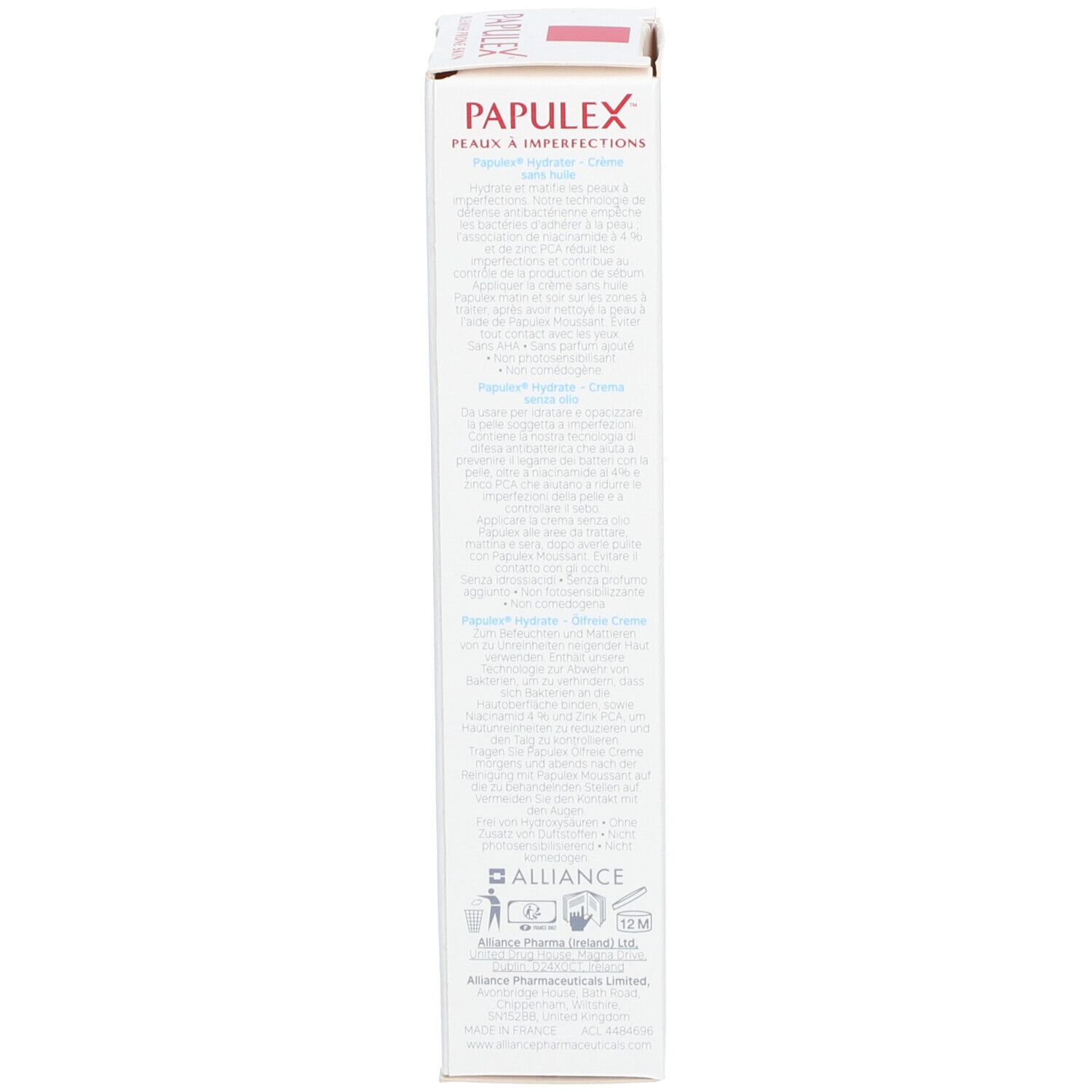 Dos de la boîte. Texte: PAPULEX Hydrater Crème sans huile, Alliance Pharma, instructions d'utilisation, ingrédients.