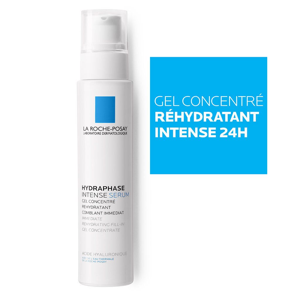Flacon blanc avec pompe et carré bleu. Texte: Gel concentré réhydratant intense 24h.
