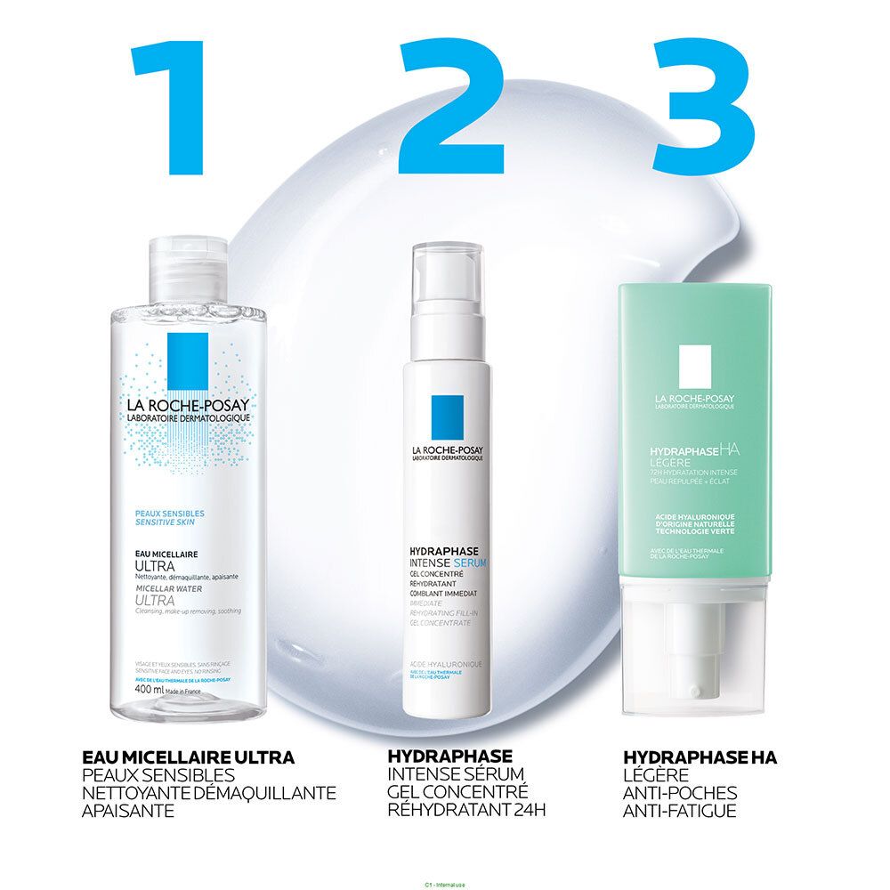 Trois produits: Eau Micellaire Ultra, Hydraphase Intense Serum, Hydraphase HA Légère.