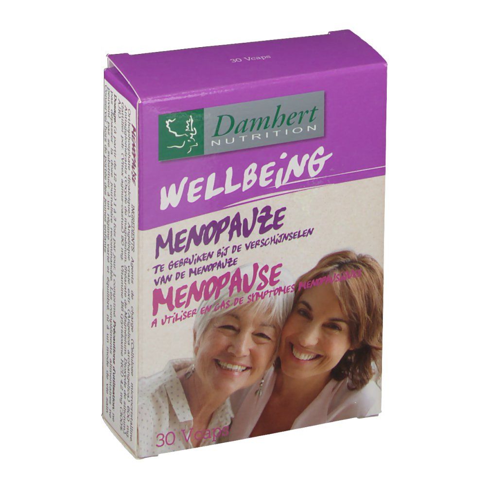Boîte violette avec nom du produit et deux femmes souriantes. Texte : Ménopause, Bien-être.