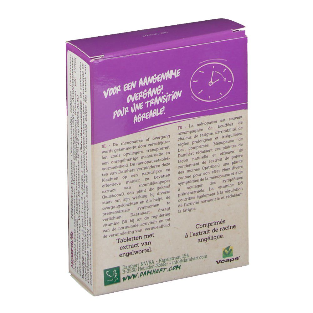 Dos de la boîte avec texte et logo. Combinaison de couleurs violet et beige. Texte : Ménopause, comprimés.