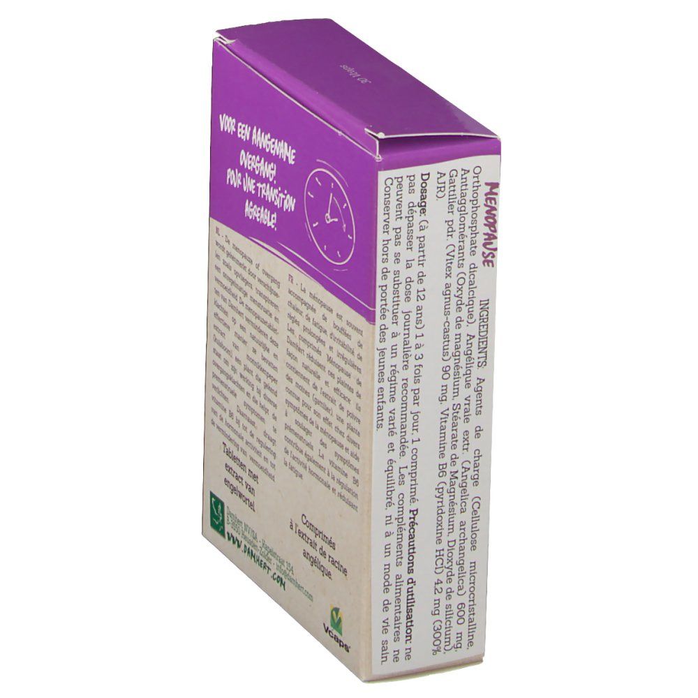 Boîte avec texte et logo. Combinaison de couleurs violet et beige. Texte : Ménopause, comprimés, ingrédients.