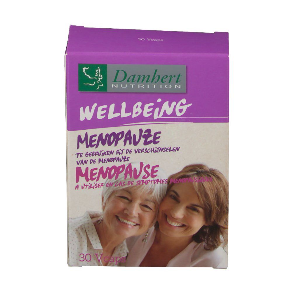 Boîte violette avec nom du produit et deux femmes souriantes. Texte : Ménopause, Bien-être.