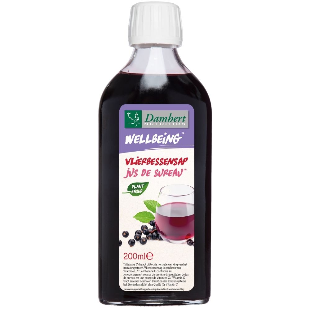 Bouteille de jus de sureau Damhert Wellbeing avec bouchon à vis blanc. Liquide foncé, étiquette avec cerf et baies.