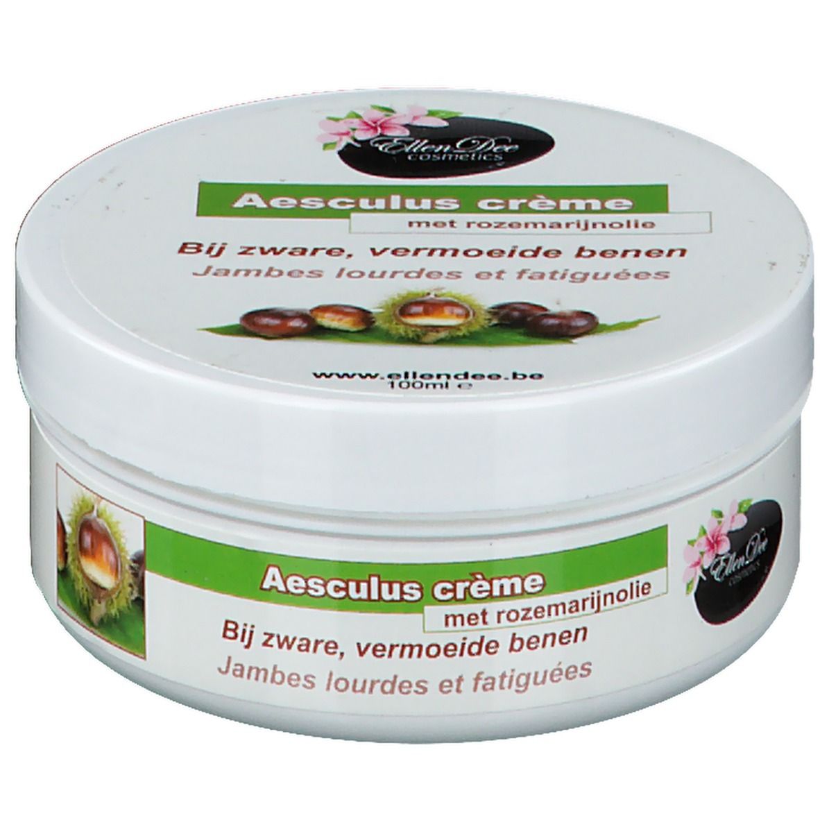 Pot blanc avec étiquette verte. Inscription: Aesculus crème, à l'huile de romarin. Illustration de châtaignes. Marque: Ellen Dee Cosmetics.