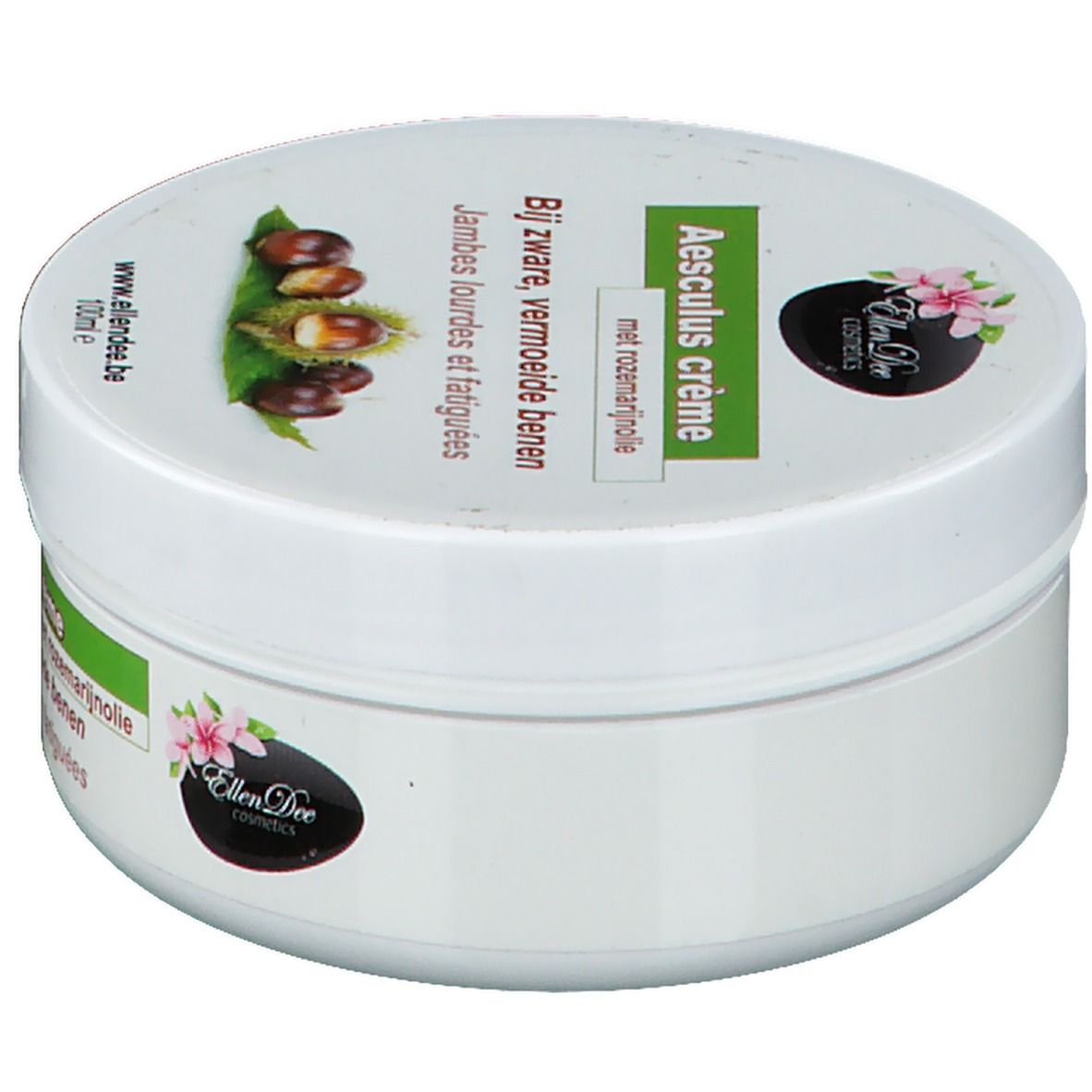 Pot blanc avec étiquette verte. Inscription: Aesculus crème, à l'huile de romarin. Illustration de châtaignes. Marque: Ellen Dee Cosmetics.
