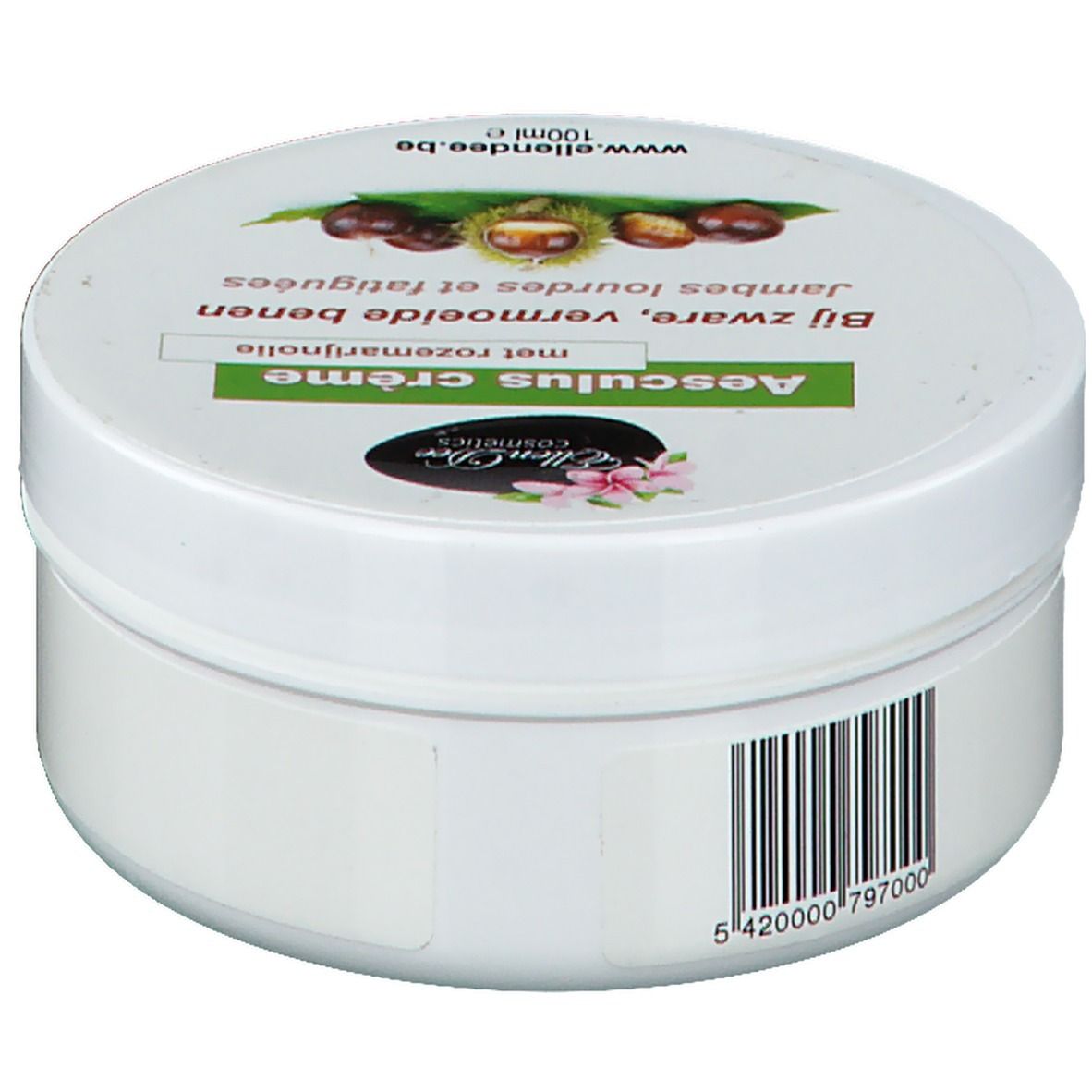 Pot blanc avec étiquette verte. Inscription: Aesculus crème, à l'huile de romarin. Code-barres. Marque: Ellen Dee Cosmetics.