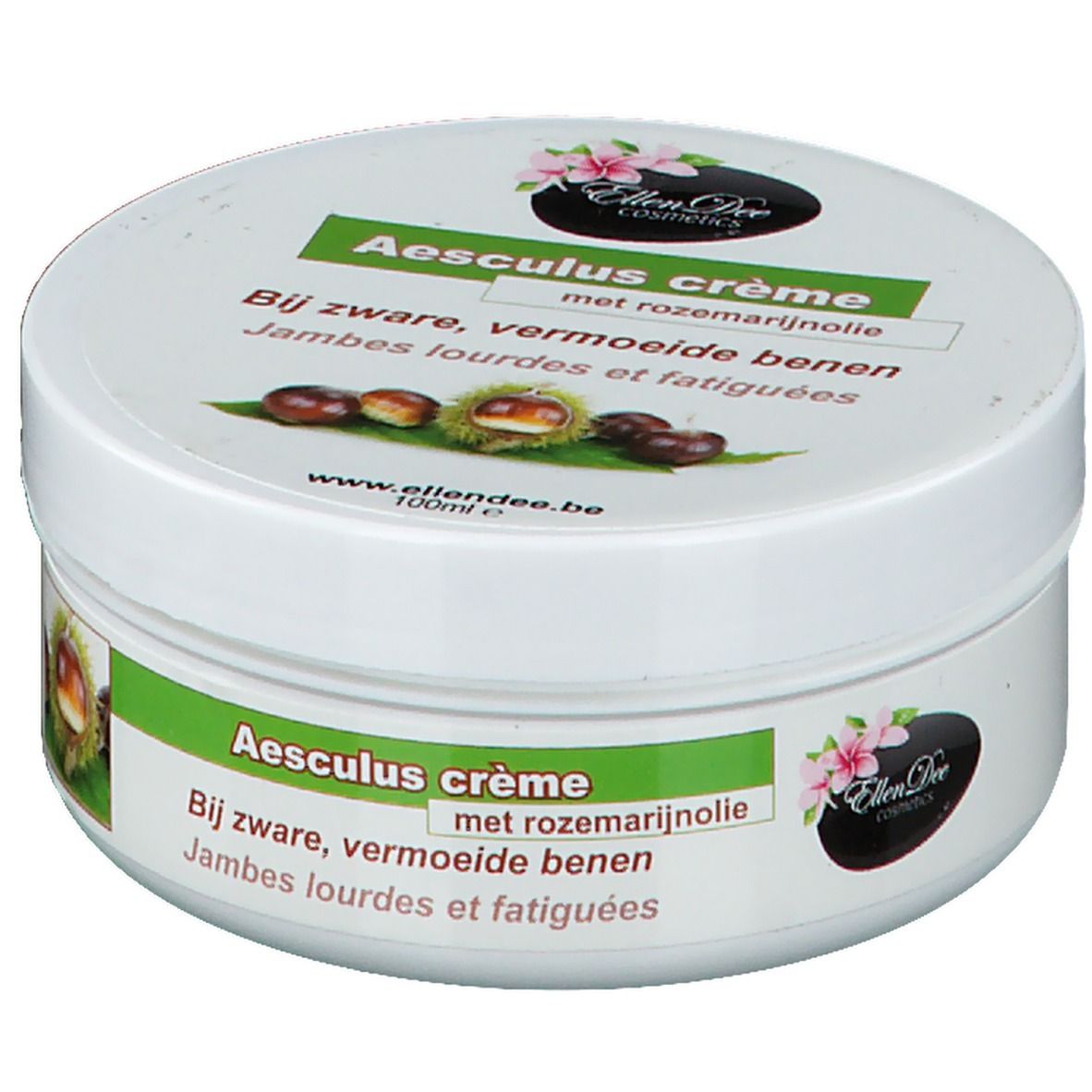 Pot blanc avec étiquette verte. Inscription: Aesculus crème, à l'huile de romarin. Illustration de châtaignes. Marque: Ellen Dee Cosmetics.