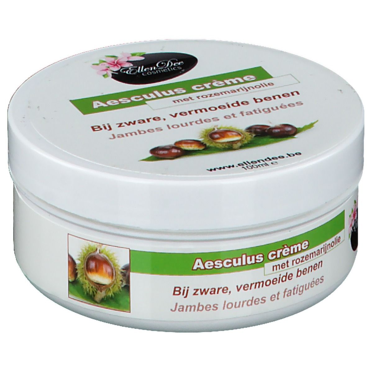 Pot blanc avec étiquette verte. Inscription: Aesculus crème, à l'huile de romarin. Illustration de châtaignes. Marque: Ellen Dee Cosmetics.