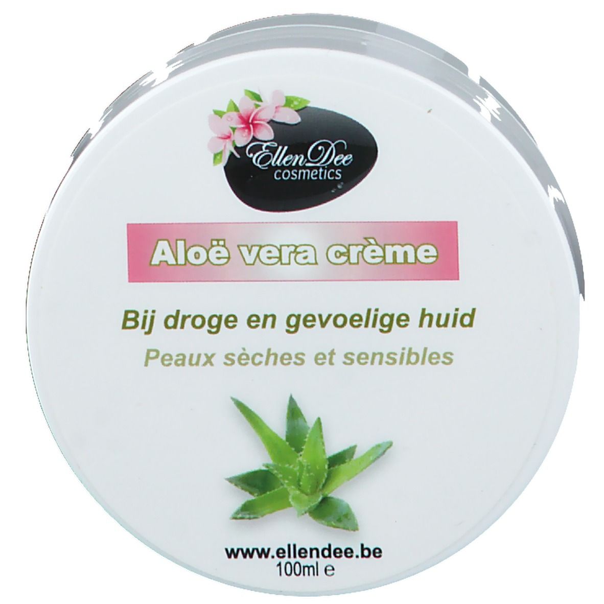 Pot de crème avec couvercle. Inscription : Aloe vera crème. Logo : Ellen Dee Cosmetics. Texte : Bij droge en gevoelige huid. Peaux sèches et sensibles.