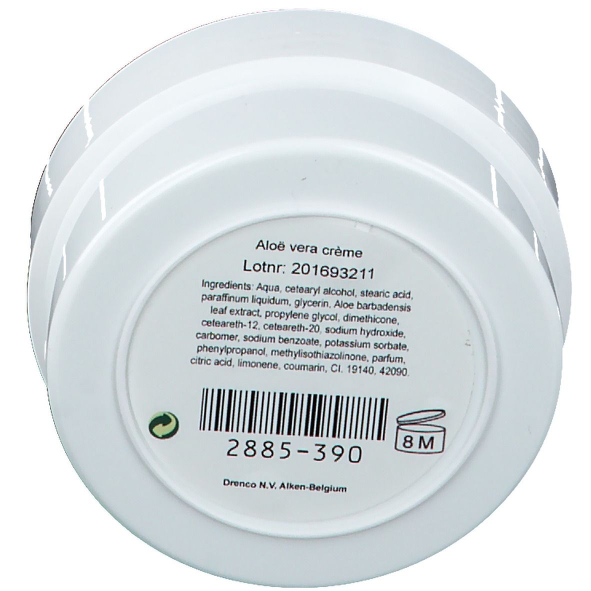 Fond d'un pot de crème. Texte : Aloe vera crème. Ingrédients. Lotnr. 201693211. Code-barres. Symbole 8M. Fabricant : Drenco N.V. Aken-Belgique.