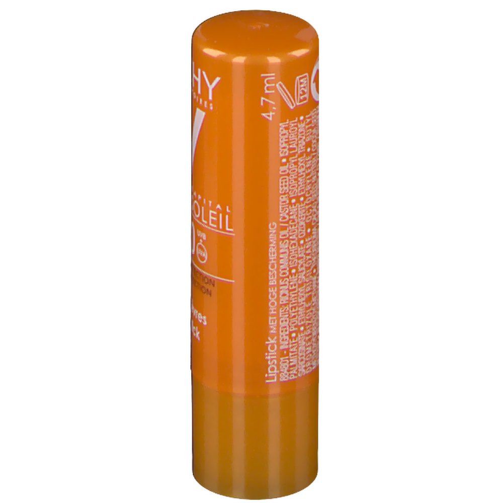 Stick à lèvres orange. Inscriptions: VICHY, Idéal Soleil, SPF 30. Contient 4,7 ml.