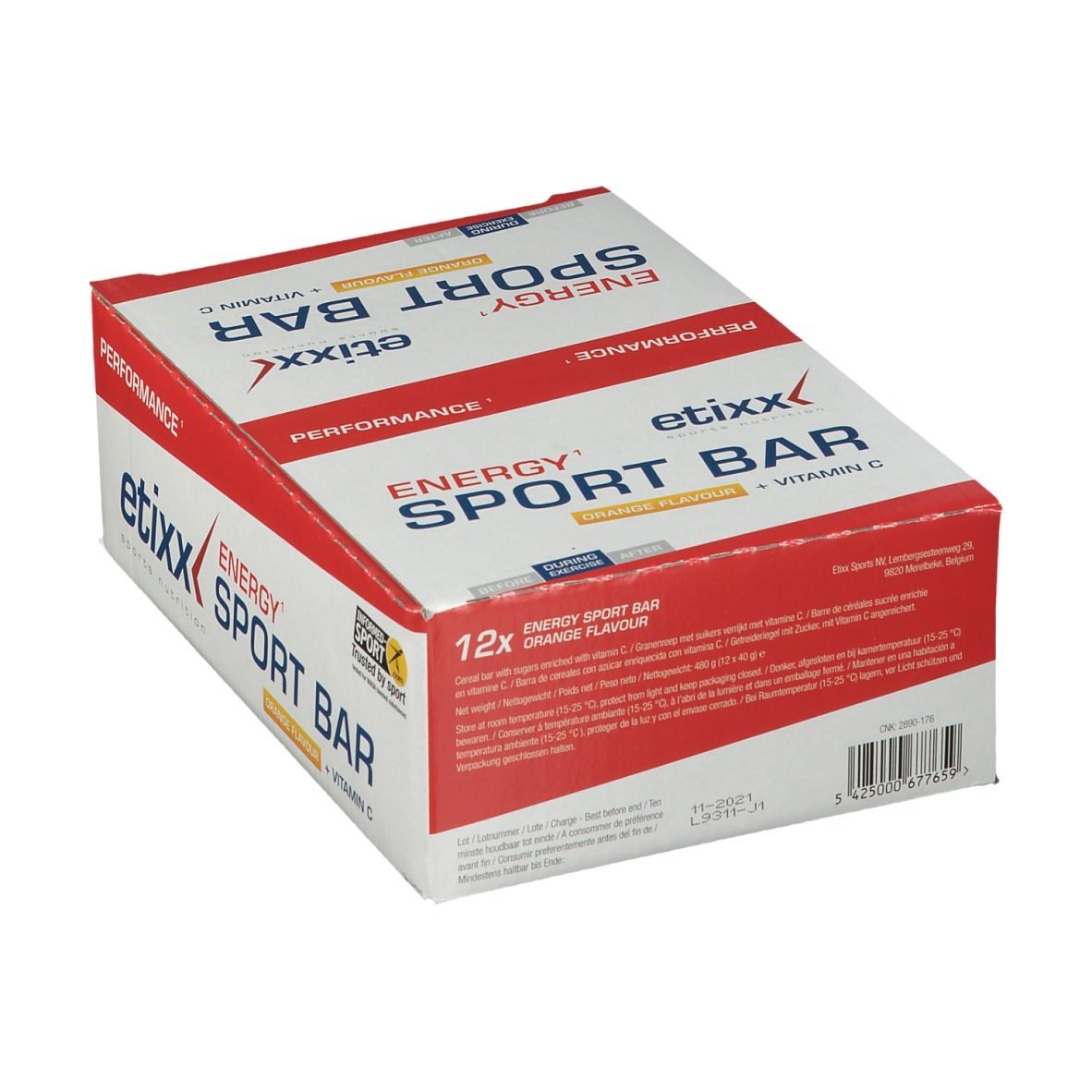 Boîte Etixx Energy Sport Bar Orange. Contient 12 barres. Inscription : Energy Sport Bar, Orange Flavour, Vitamine C.