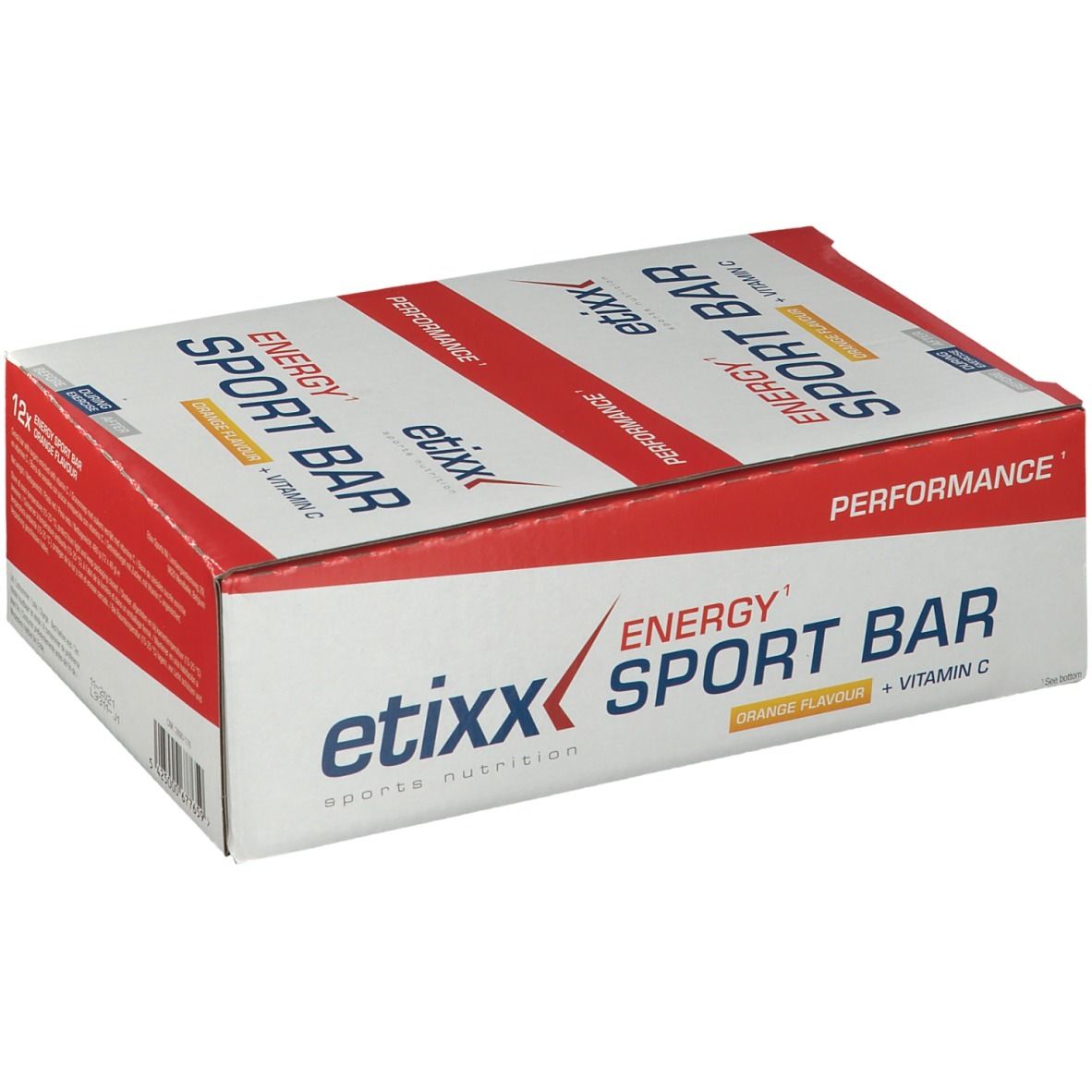 Boîte Etixx Energy Sport Bar Orange. Inscription : Energy Sport Bar, Orange Flavour, Vitamine C. Emballage de 12 barres.