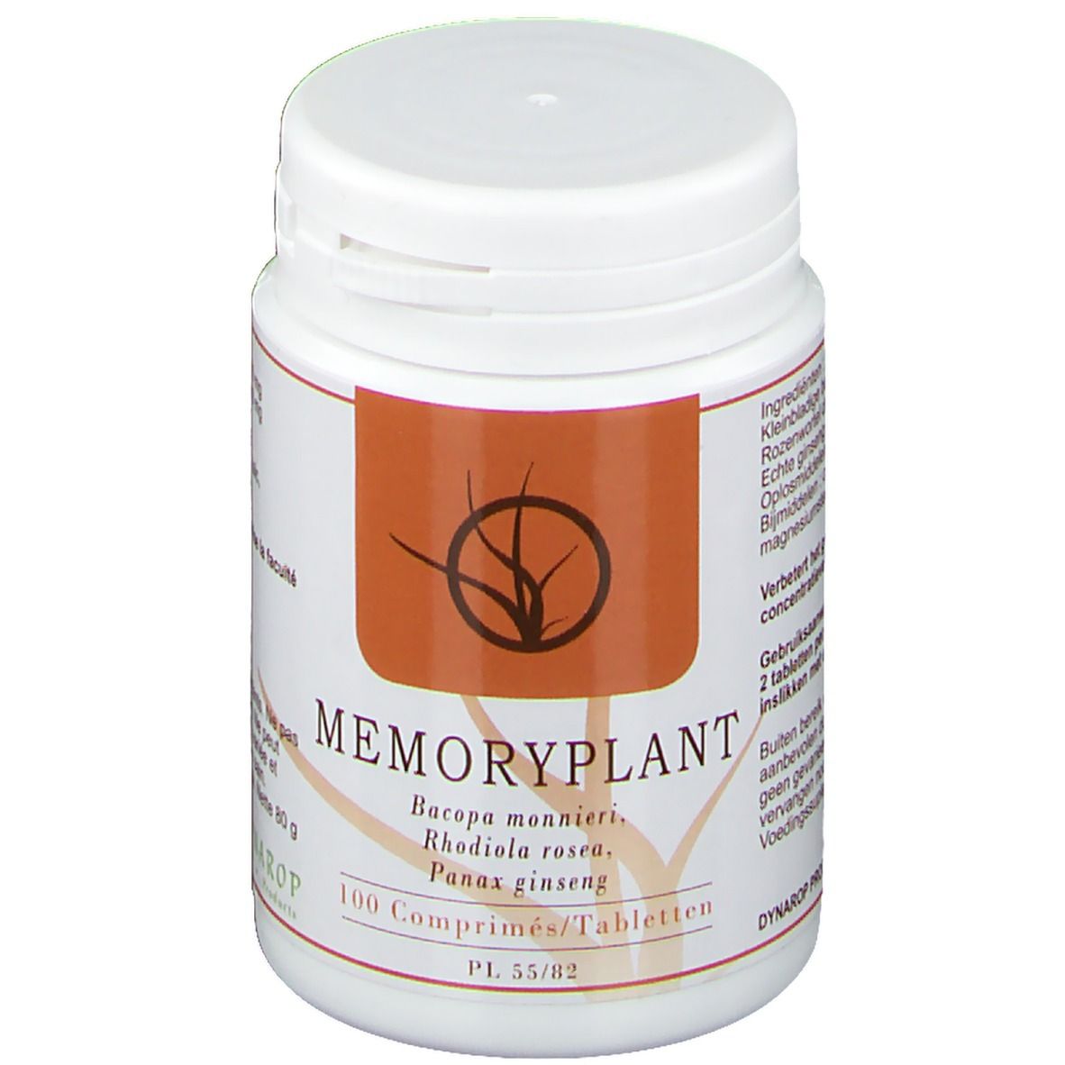 Flacon blanc avec étiquette marron. Inscription: Memoryplant, 100 comprimés. Contient Bacopa monnieri, Rhodiola rosea, Panax ginseng.
