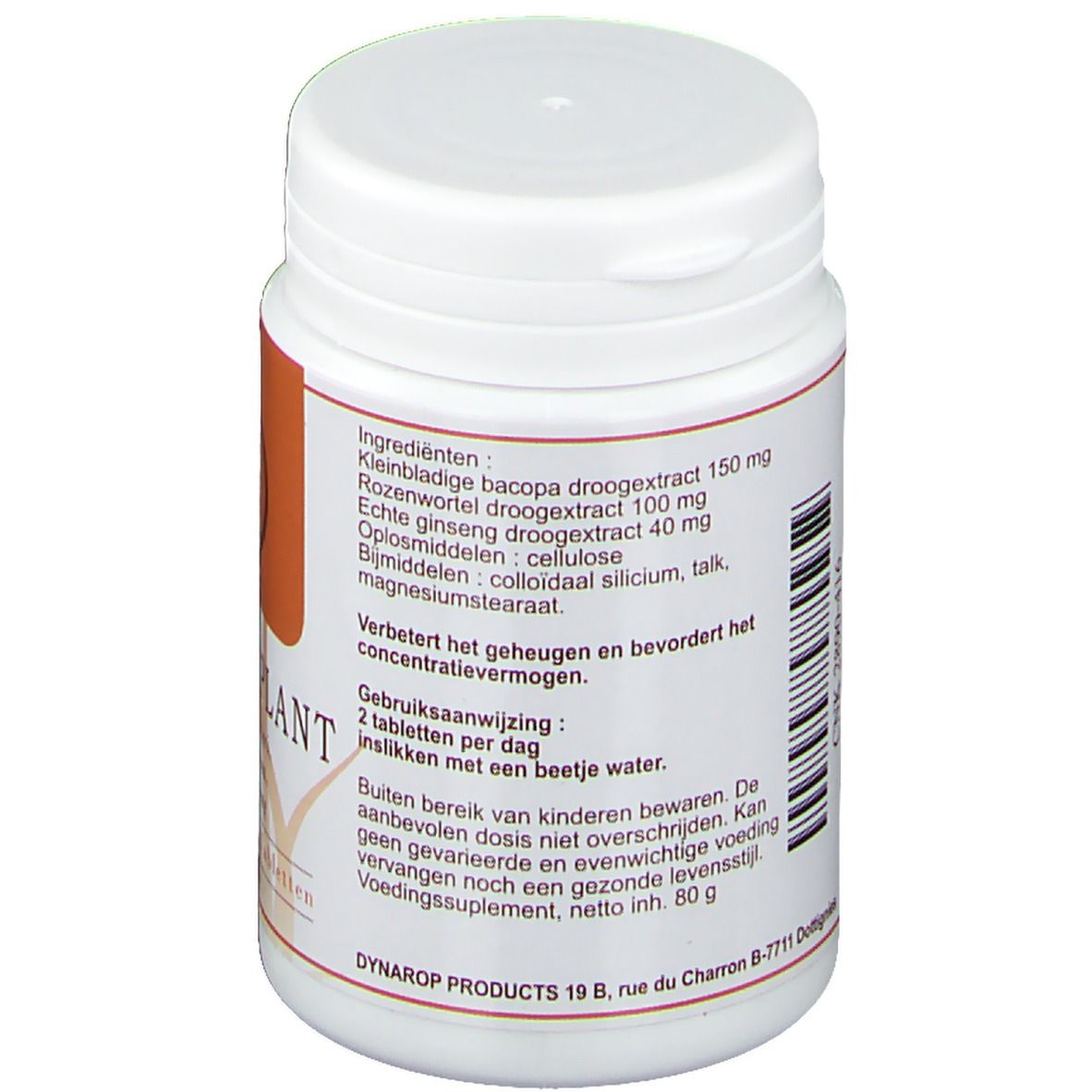 Dos du flacon blanc. Contient ingrédients, mode d'emploi et informations fabricant. Texte en néerlandais.