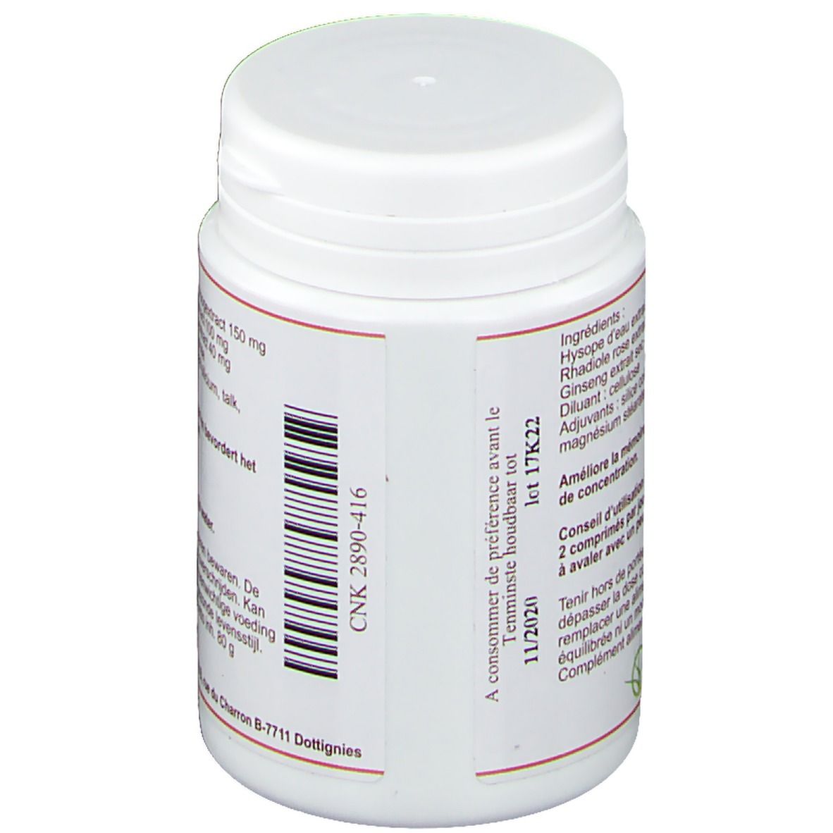 Flacon blanc avec code-barres et numéro de lot. Texte en français. Date de péremption: 11/2021.