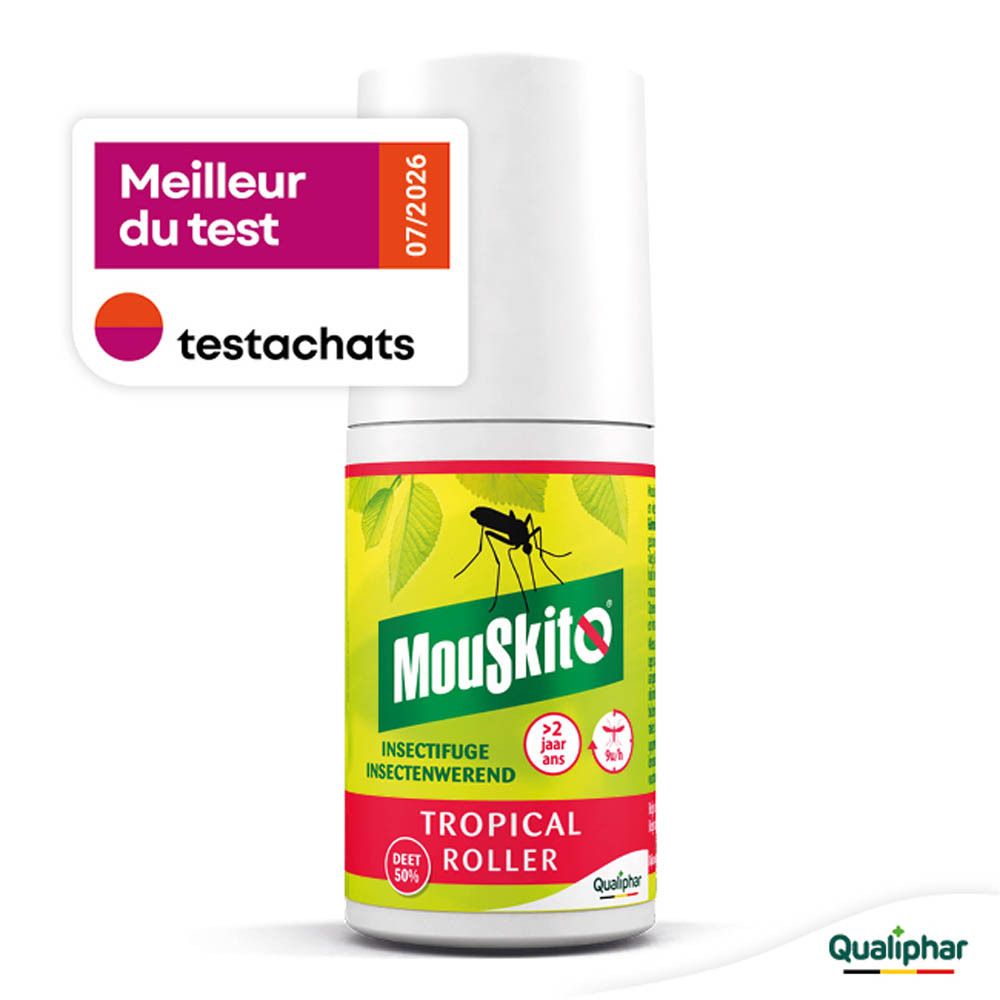 Mouskito Tropical Roller avec sceau 'Meilleur du test' et symbole de moustique.