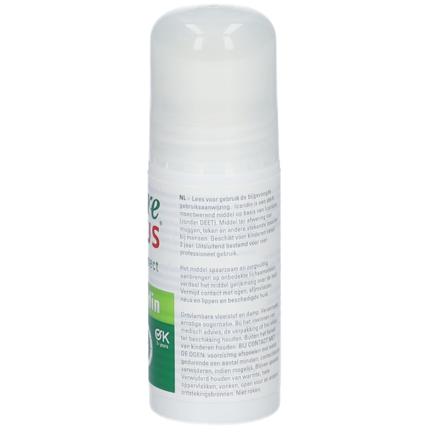 Care Plus Roll-on anti-insectes. Arrière du flacon blanc. Texte en néerlandais. Contient de l'icaridine.