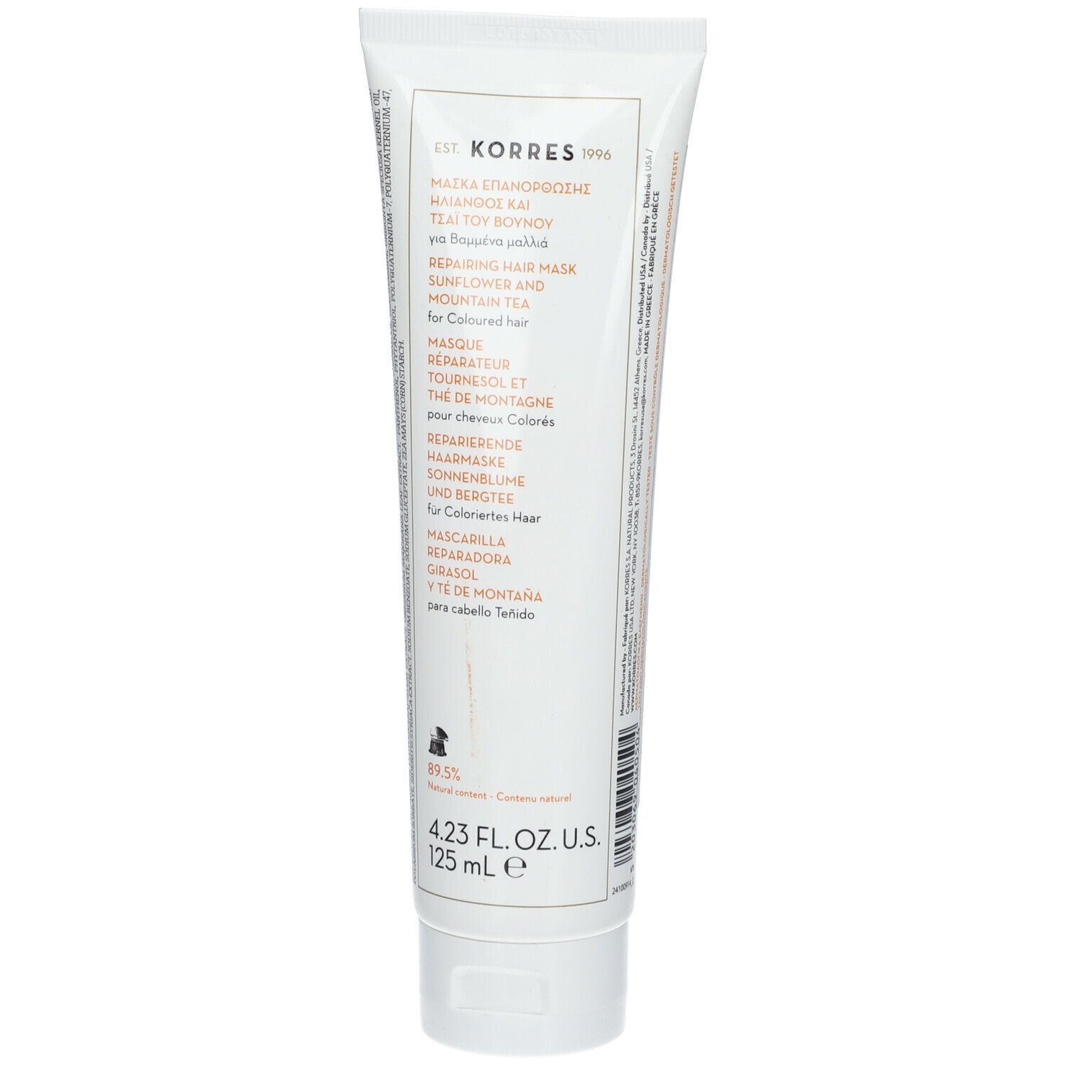 Dos du tube blanc. Texte avec informations sur le produit et logo. Volume : 125 ml.