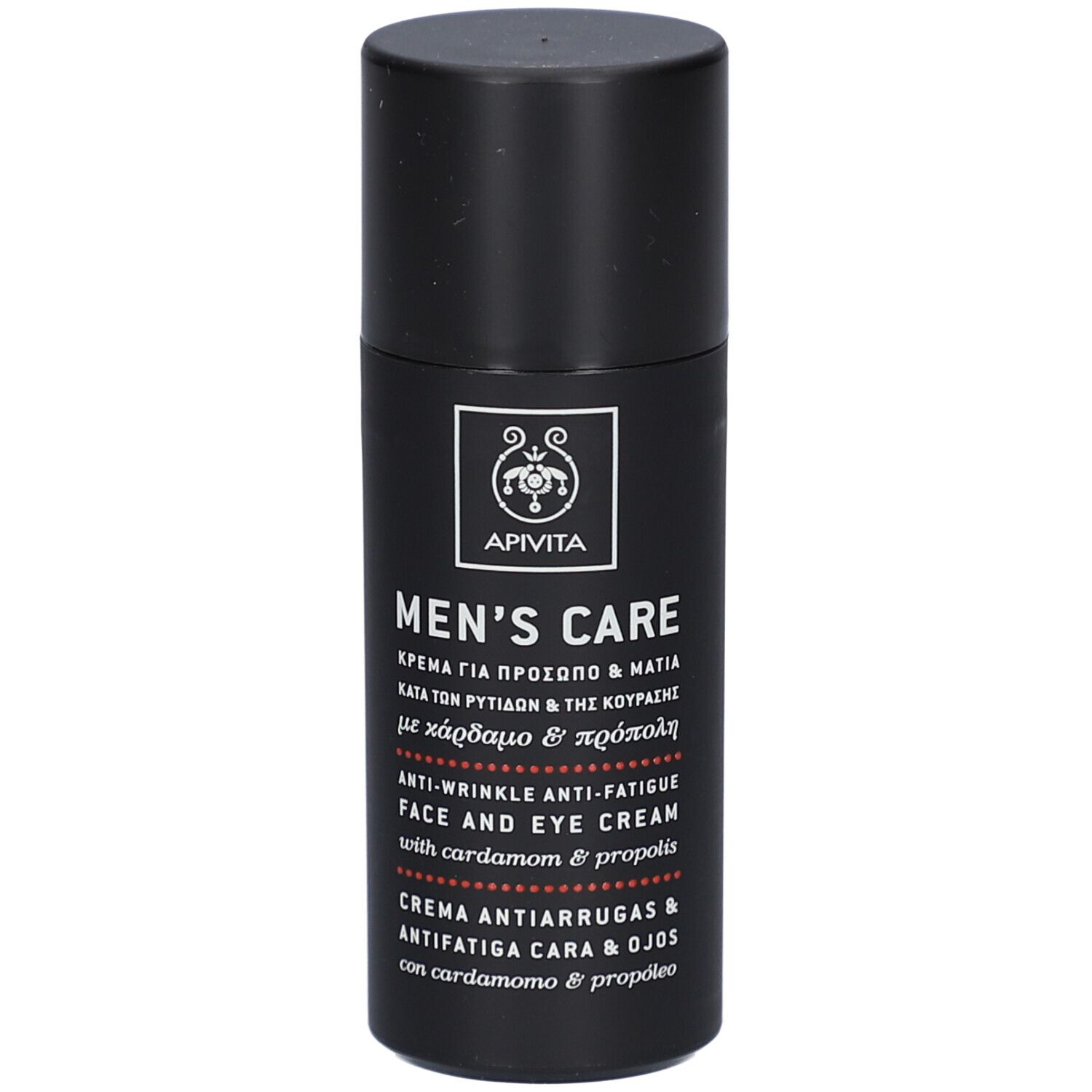 Tube noir avec texte. Crème visage et yeux. Marque : Apivita Men's Care. Anti-rides et fatigue.