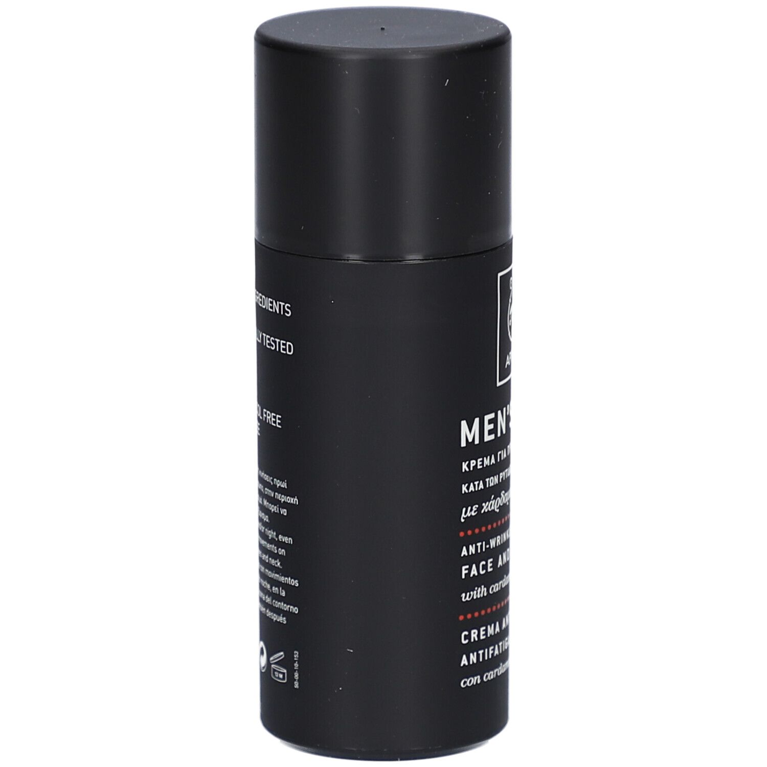 Tube noir, vue latérale. 96% ingrédients naturels. Testé dermatologiquement. Sans parabènes.