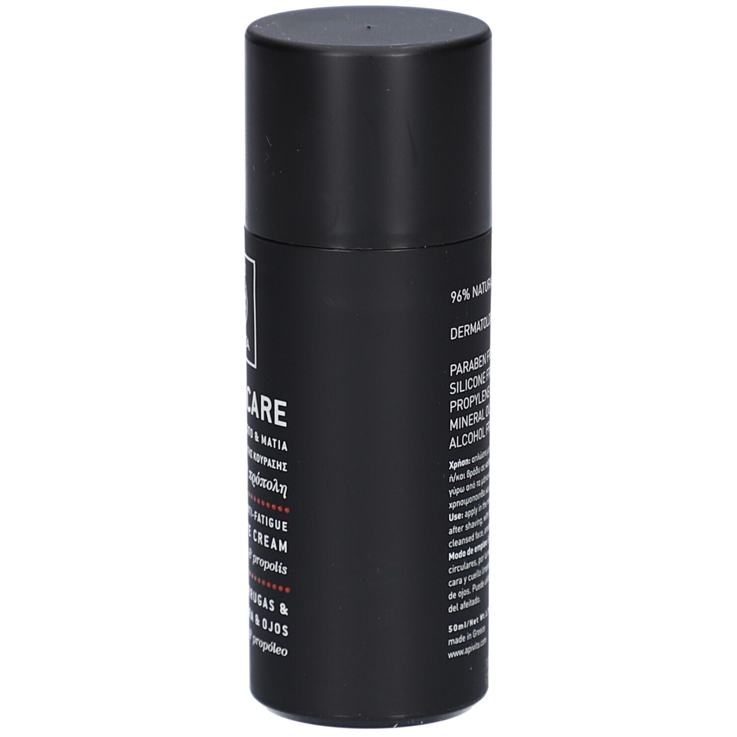 Tube noir, vue latérale. 96% ingrédients naturels. Testé dermatologiquement. Sans parabènes.