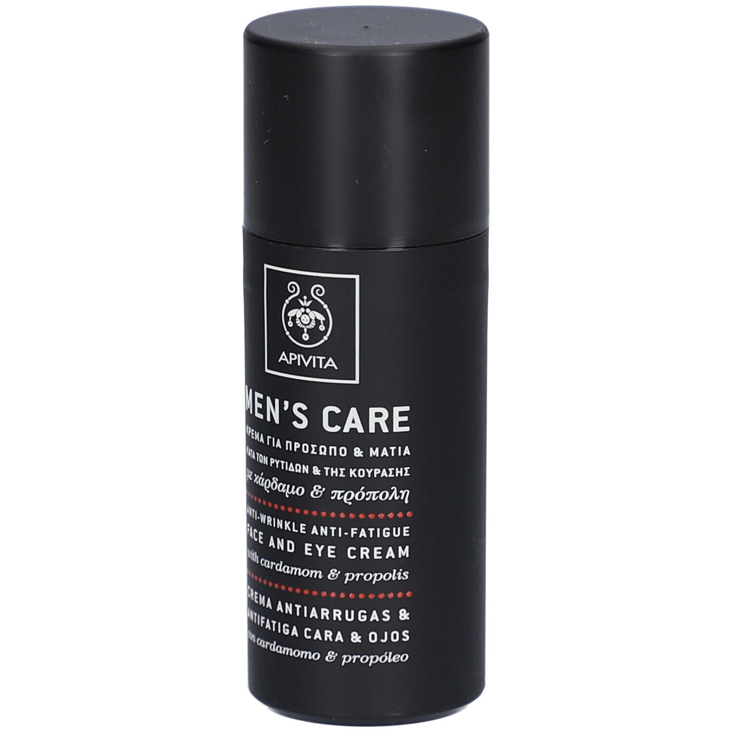 Tube noir avec texte. Crème visage et yeux. Marque : Apivita Men's Care. Anti-rides et fatigue.