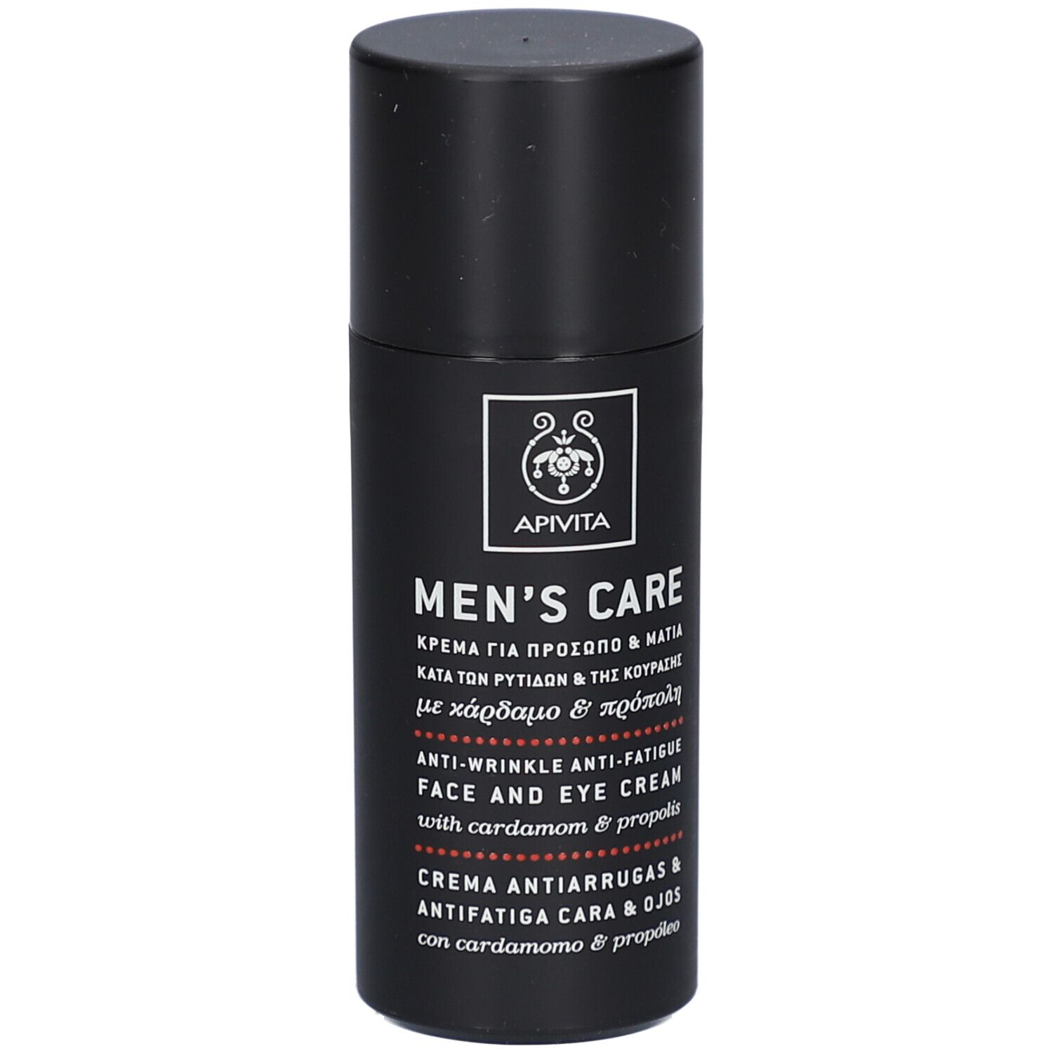 Tube noir avec texte. Crème visage et yeux. Marque : Apivita Men's Care. Anti-rides et fatigue.