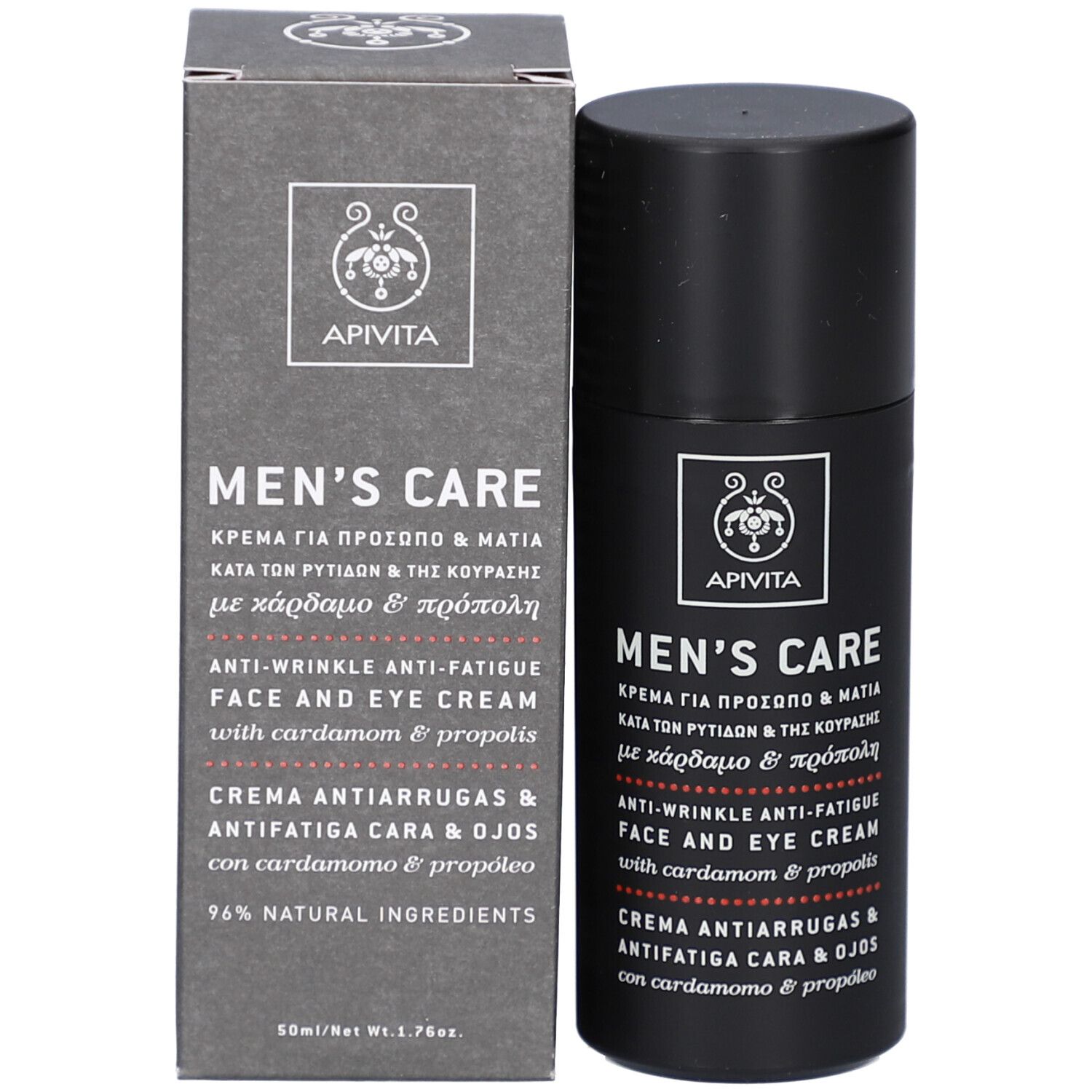 Emballage du produit. Tube et boîte noirs. Texte : Apivita Men's Care. Crème visage et yeux.