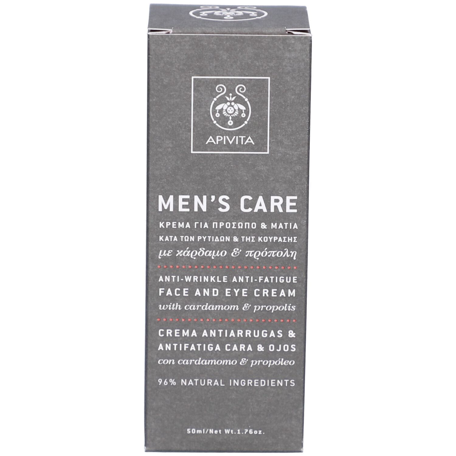 Emballage du produit. Boîte noire avec texte : Apivita Men's Care. Crème visage et yeux.